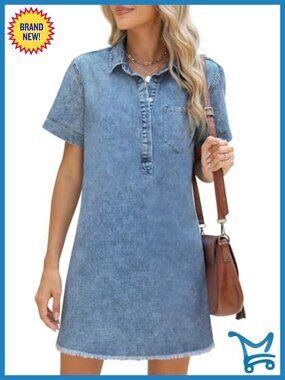 Denim Dress for Women Cute Babydoll Denim Shirt Dress with Pockets